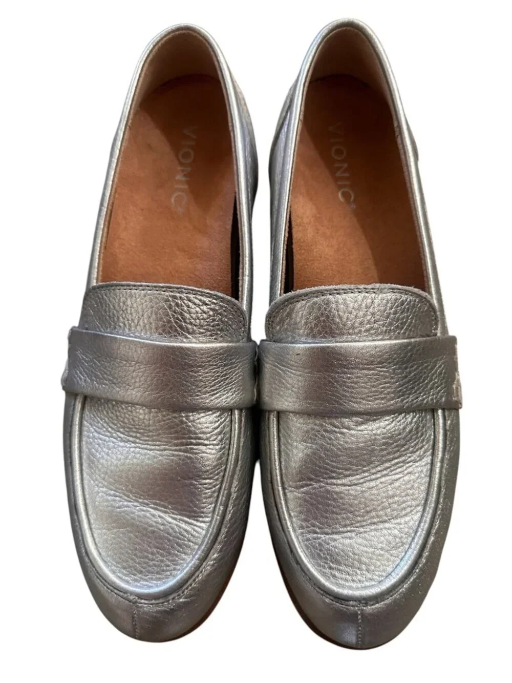 Vionic Cleo Loafers 8.5 Silver Metallic Orthotic Arch Support Leather Classic